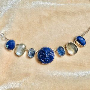 GEMLARK OOAK Lapis Lazuli Moon Face Labradorite, Kyanite Silver Garland Necklace